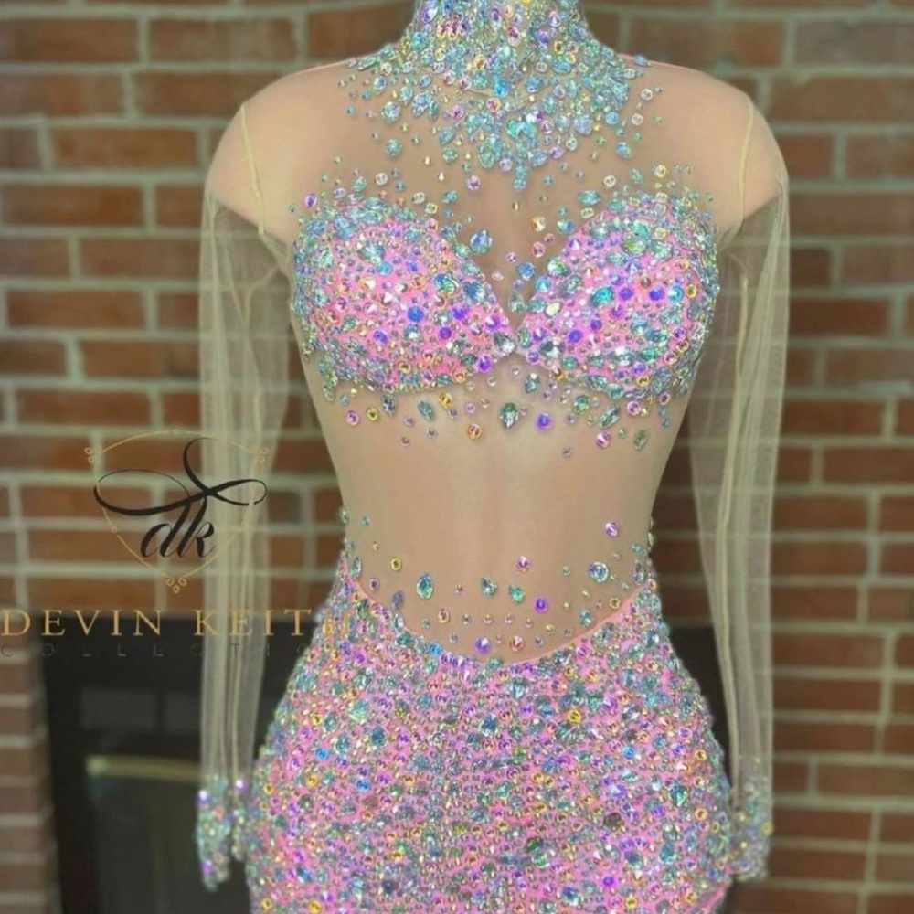 Pink and Iridescent Long Sleeve See Through Dress